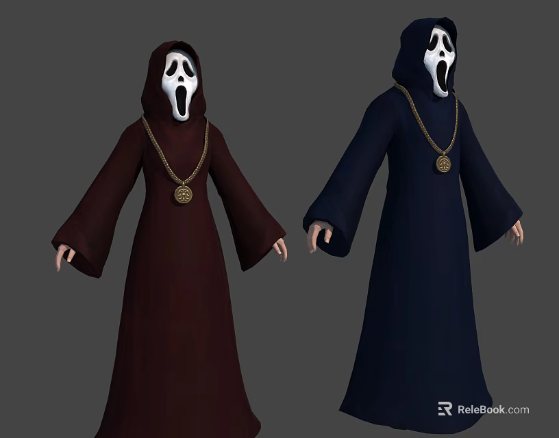 Brown And Navy Blue Hooded Robes With White Masks And Round Pendants 3d model