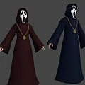 Brown And Navy Blue Hooded Robes With White Masks And Round Pendants 3d model