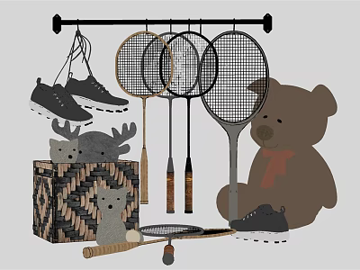 Sports Equipment Collection With Hanging Tennis Badminton Rackets And Sports Shoes 3d model