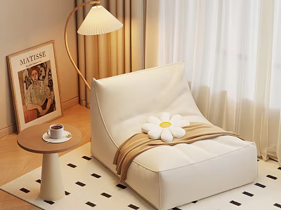 Comfortable White Lazy Sofa With Flower Blanket Side Table Coffee Cup Floor Lamp Curtains 3d model