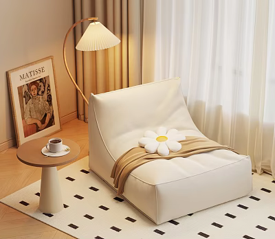 Comfortable White Lazy Sofa With Flower Blanket Side Table Coffee Cup Floor Lamp Curtains 3d model