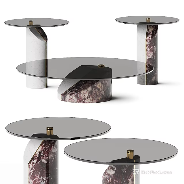 Modern Coffee Table Design With Round Glass Top And Marble Base 3d model 
