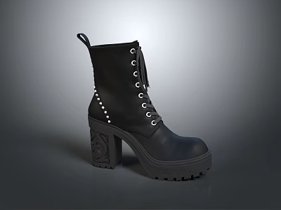 Black Lace Up Ankle Boots With Rivets And Thick Sole Design 3d model