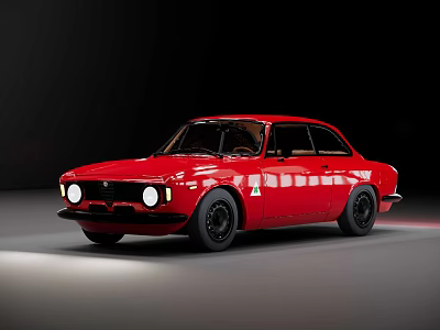 Red Vintage Classic Car With Shiny Exterior Headlights On And Retro Design 3d model