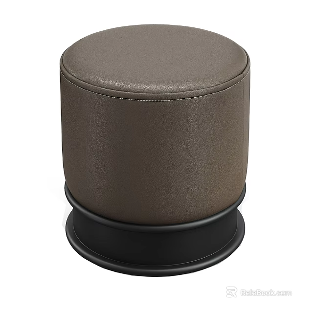 Round Brown Leather Padded Stool With Sturdy Black Base And Modern Design 3d model 