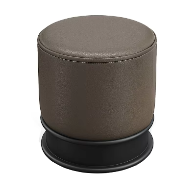 Round Brown Leather Padded Stool With Sturdy Black Base And Modern Design 3d model