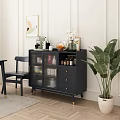 Dining Room Black Sideboard With Glass Doors Vase Tea Set And Potted Plant