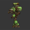 Green Rusty Robot Character Featuring Mechanical Structure And Weapon Arm 3d model
