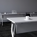 Modern White Conference Table With Wheels Laptop Coffee Cups Notebook And Gray Chairs