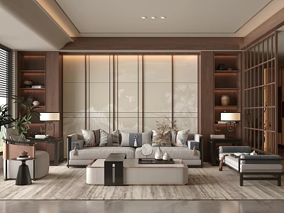 Elegant Modern Living Room Interior With Sofa Coffee Table Wooden Bookshelves And Table Lamps 3d model