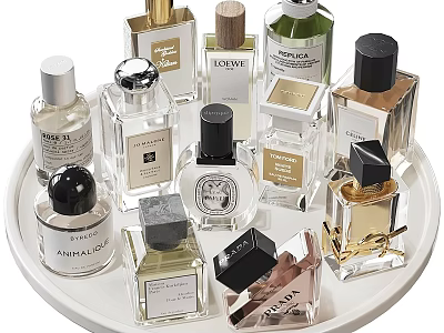 Elegant Perfume Cosmetic Bottles Display On Decorative Tray With Various Designs And Shapes 3d model