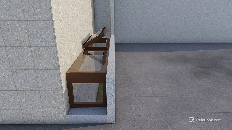 Modern Residential Building Entrance Area With Stone Wall Wooden Bench And Gray Floor Tiles 3d model 