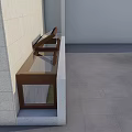 Modern Residential Building Entrance Area With Stone Wall Wooden Bench And Gray Floor Tiles