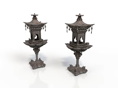 Chinese Bronze Lanterns With Multi Tiered Pagoda Structure And Carved Base Tassels 3d model