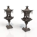 Chinese Bronze Lanterns With Multi Tiered Pagoda Structure And Carved Base Tassels