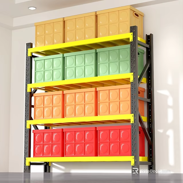 Multi Tiered Storage Shelves With Colorful Bins In Yellow Green Orange Red 3d model 