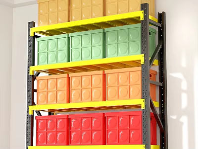 Multi Tiered Storage Shelves With Colorful Bins In Yellow Green Orange Red 3d model