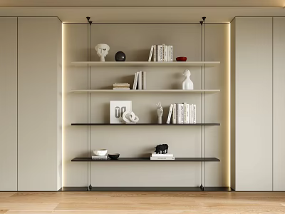 Modern Minimalist Floating Bookshelf with Books Sculptures Vases and Beige Wall Ambient Lighting 3d model