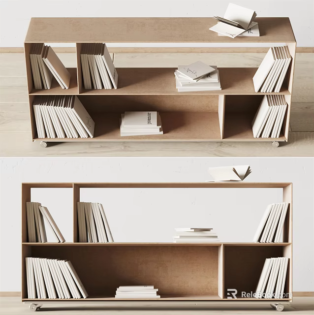 Modern Open Wooden Bookshelf with Multiple Storage Compartments and Stacked Books 3d model 
