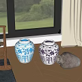 Traditional Blue And White Patterned Ceramic Jars With Gray Vessel On Wooden Floor By Window