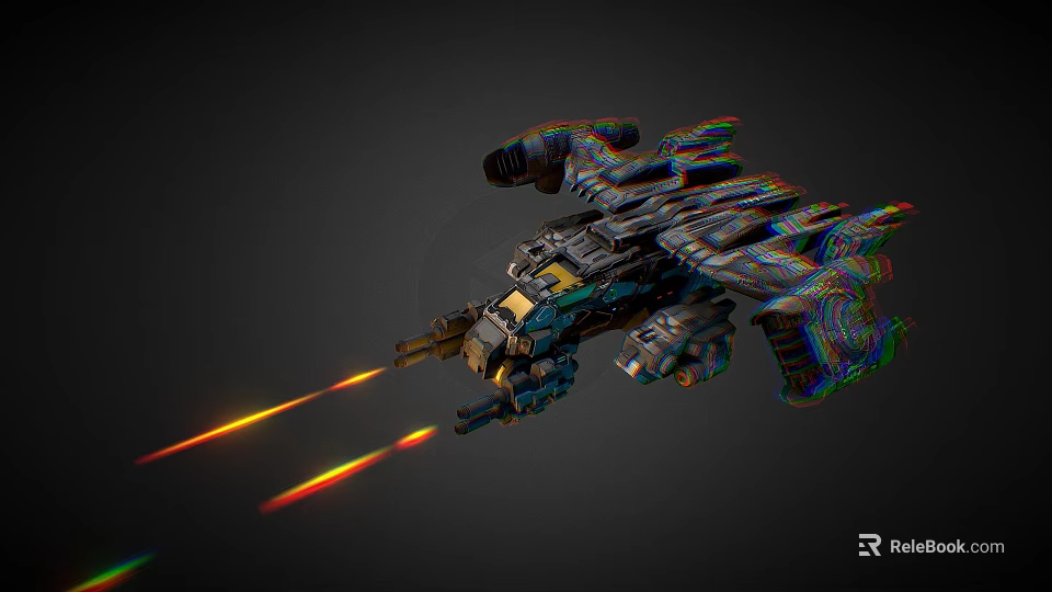Intricate Cosmic Spaceship With Detailed Metallic Structure Firing Bright Orange Red Beams 3d model 