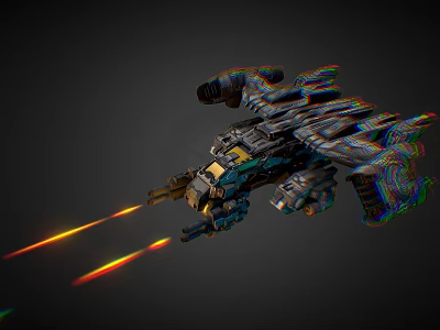 Intricate Cosmic Spaceship With Detailed Metallic Structure Firing Bright Orange Red Beams 3d model