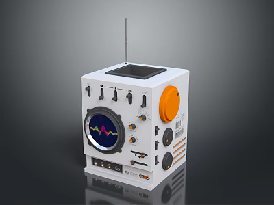 Electronic Device White Cube With Antenna Solar Panel Waveform Screen Orange Knob Interfaces And Buttons 3d model