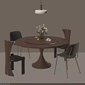 Round Wooden Dining Table And Chairs With Unique Base Flower Vase And Modern Pendant Light