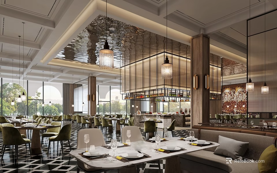 Luxury Hotel Restaurant Interior With Dining Tables Hanging Lights And Elegant Decor 3d model 