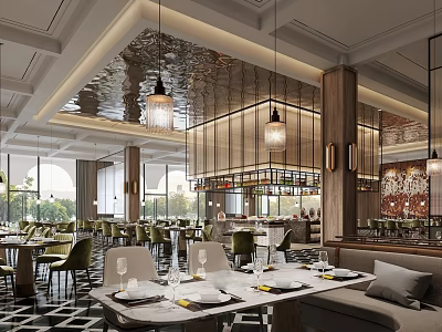 Luxury Hotel Restaurant Interior With Dining Tables Hanging Lights And Elegant Decor 3d model