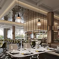 Luxury Hotel Restaurant Interior With Dining Tables Hanging Lights And Elegant Decor