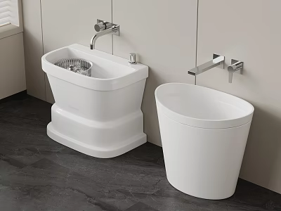 Modern Bathroom Fixtures White Bidet And Toilet With Silver Faucet Gray Wall Dark Floor 3d model