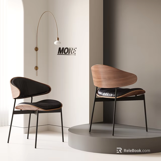 Modern Dining Chairs With Walnut Backrest Leather Seat Metal Legs And Pendant Light In White Room 3d model 
