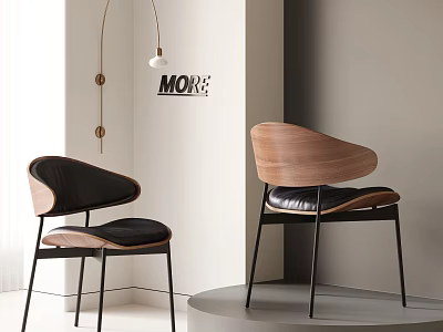 Modern Dining Chairs With Walnut Backrest Leather Seat Metal Legs And Pendant Light In White Room 3d model