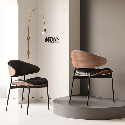 Modern Dining Chairs With Walnut Backrest Leather Seat Metal Legs And Pendant Light In White Room 3d model
