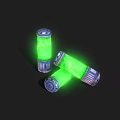 Three Green Glowing Cylindrical Objects With Metal Base And Top Standing And Tilted