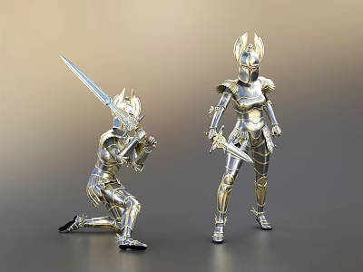 Silver Armored Warrior Characters Kneeling With Long Sword And Standing With Short Sword 3d model