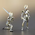 Silver Armored Warrior Characters Kneeling With Long Sword And Standing With Short Sword