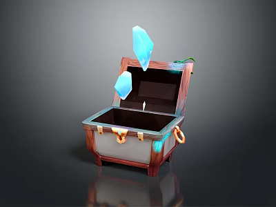 Open Wooden Treasure Chest With Flying Blue Gems And Metal Clasps 3d model