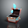 Open Wooden Treasure Chest With Flying Blue Gems And Metal Clasps