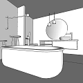 Minimalist Bathroom Interior With Free Standing White Bathtub Round Illuminated Mirror And Wooden Vanity