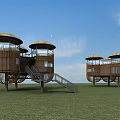 Modern Wooden Roadside Facilities With Dome Shaped Roofs Staircases And Green Grassland Under Blue Sky