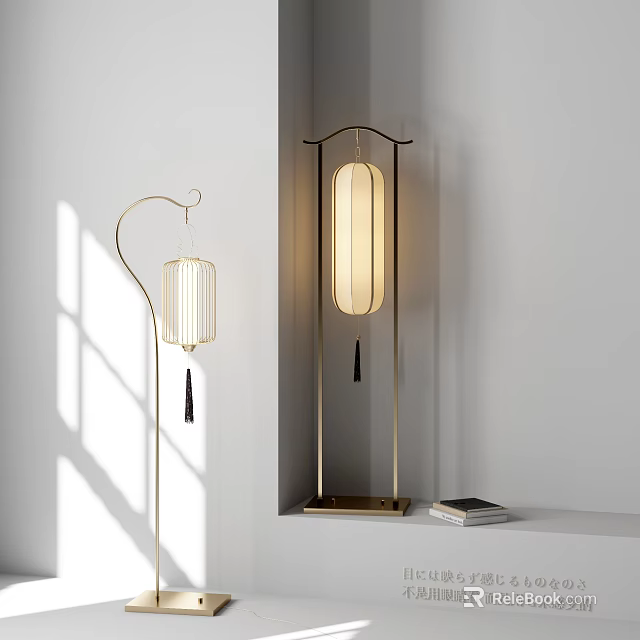 Contemporary Floor Lamps With Metal Frames Rectangular Grid Shades Warm Light And Tassels 3d model