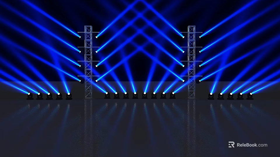 Blue Light From Multiple Downlights And Spotlights With Crossing Beams On Metal Brackets Dark Background 3d model 