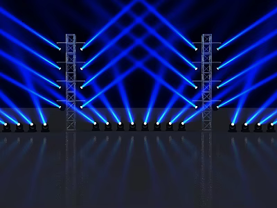 Blue Light From Multiple Downlights And Spotlights With Crossing Beams On Metal Brackets Dark Background 3d model
