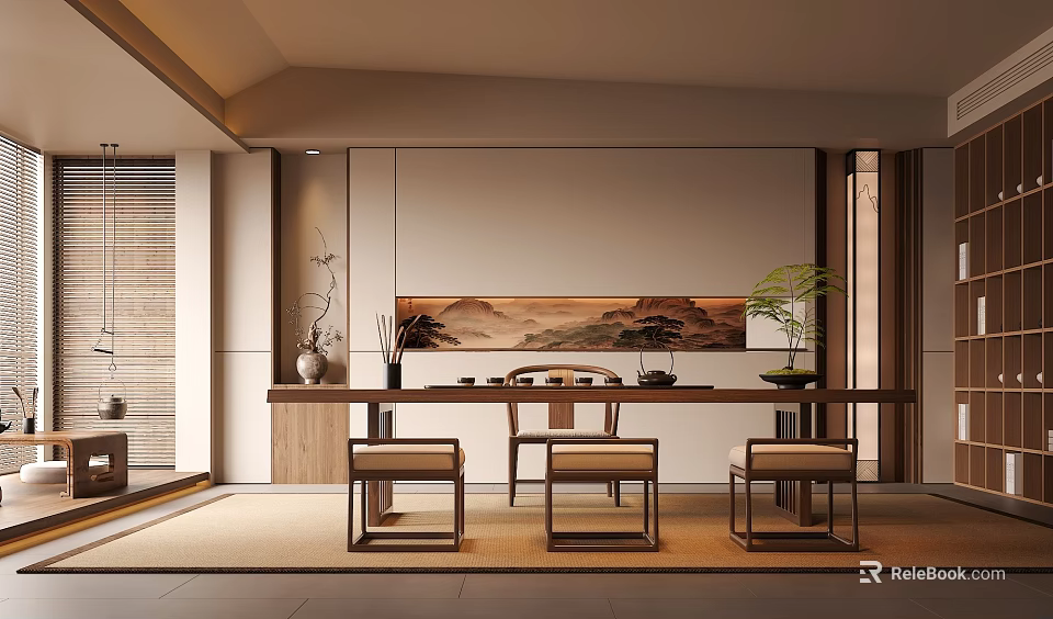 Japanese Style Tea Room Interior With Long Wooden Table Chairs And Wall Landscape Painting 3d model 