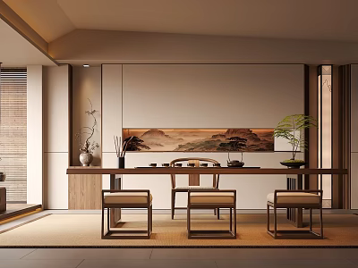 Japanese Style Tea Room Interior With Long Wooden Table Chairs And Wall Landscape Painting 3d model