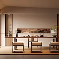 Japanese Style Tea Room Interior With Long Wooden Table Chairs And Wall Landscape Painting