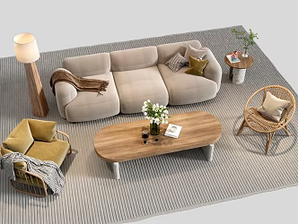 Quiet Cream Sofa Tea Table Leisure Chair Rattan Chair 3d model