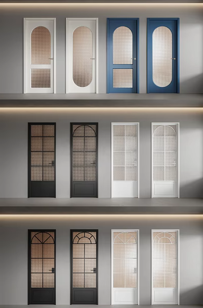 Different Style Doors Featuring Arched Top Grid Glass In Black White Blue On Display Shelves 3d model